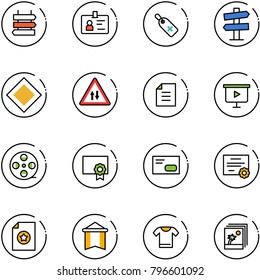line vector icon set - sign post vector, identity, medical label, road signpost, main, oncoming traffic, document, presentation board, film coil, certificate, envelope, pennant, t shirt, photo