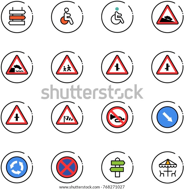line vector icon set\
- sign post vector, disabled, steep descent road, embankment,\
children, intersection, side wind, no horn, detour, circle, stop,\
signpost, outdoor cafe