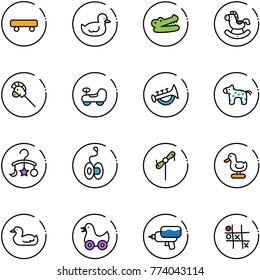 line vector icon set - skateboard vector, duck toy, crocodile, rocking horse, stick, baby car, horn, carousel, yoyo, windmill, water gun, Tic tac toe