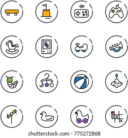 line vector icon set - skateboard vector, sand castle, joystick wireless, rocking horse, game console, baby car, horn toy, caterpillar, carousel, beach ball, wirligig, windmill, duck, Tic tac toe