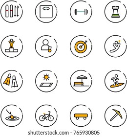 line vector icon set - ski vector, floor scales, barbell, chess tower, winner, target, flying man, flippers, mat, inflatable pool, surfing, fishing, bike, skateboard, axe