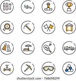 line vector icon set - ski vector, abdominal muscles, winner, win cup, gold medal, rock axe, flags cross, pennant, flippers, inflatable pool, badminton, cabrio, gyroscope, protective glasses