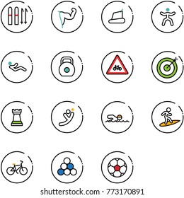 line vector icon set - ski vector, power hand, treadmill, gymnastics, abdominal muscles, weight, road for moto sign, target, chess tower, flying man, swimming, surfing, bike, billiards balls