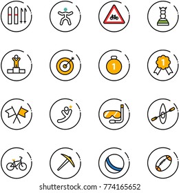 line vector icon set - ski vector, gymnastics, road for moto sign, chess queen, winner, target, gold medal, flags cross, flying man, diving, kayak, bike, axe, ball, football
