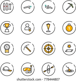 line vector icon set - ski vector, push ups, abdominal muscles, job, win cup, winner, pennant, gold medal, rock axe, target, mat, cap, diving, kayak, fishing