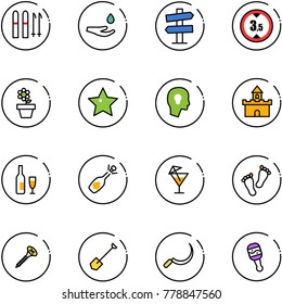 line vector icon set - ski vector, drop hand, road signpost sign, limited height, flower pot, star, head bulb, sand fort, wine, fizz opening, drink, feet, screw, shovel, sickle, beanbag
