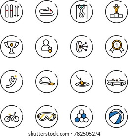 line vector icon set - ski vector, snowmobile, pull ups, winner, gold cup, solution, medal, flying man, cap, fishing, cabrio, bike, protective glasses, billiards balls, beach ball