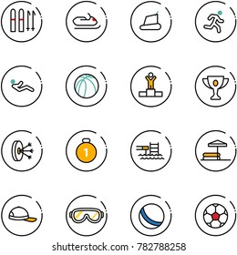 line vector icon set - ski vector, snowmobile, treadmill, run, abdominal muscles, basketball ball, winner, gold cup, solution, medal, pool, inflatable, cap, protective glasses, soccer