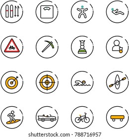 line vector icon set - ski vector, floor scales, gymnastics, abdominal muscles, road for moto sign, job, chess queen, winner, target, swimming, kayak, surfing, cabrio, bike, skateboard