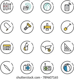 line vector icon set - ski vector, mri, basketball ball, remote control, fretsaw, bolt, milling cutter, shovel, generator, winch, wheelbarrow, corner ruler, forceps, camera, radio