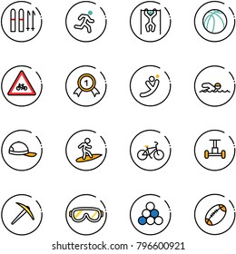 line vector icon set - ski vector, run, pull ups, basketball ball, road for moto sign, gold medal, flying man, swimming, cap, surfing, bike, gyroscope, axe, protective glasses, billiards balls