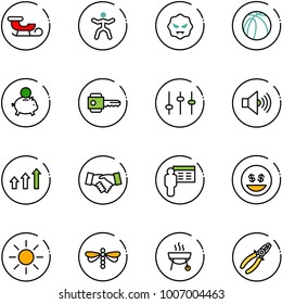 line vector icon set - sleigh vector, gymnastics, virus, basketball ball, piggy bank, key, settings, volume max, arrows up, agreement, presentation, money smile, sun, dragonfly, grill, pliers