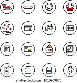line vector icon set - sleigh vector, christmas wreath, sale, credit card, atm, envelope, finance management, photo, identity, micro flash, sim, chicken toy