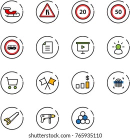 line vector icon set - sleigh vector, Road narrows sign, speed limit 20, 50, no bus, document, presentation board, idea, cart, flags cross, dollar chart, fingerprint scanner, saw, drill machine