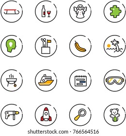 line vector icon set - sleigh vector, wine, angel, puzzle, head bulb, win, banana, palm, grill, cruiser, terms plan, protective glasses, drill machine, rocket, beanbag, bear toy