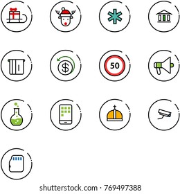 line vector icon set - sleigh gift vector, christmas deer hat, ambulance star, bank, atm, money back, speed limit 50 road sign, loudspeaker, round flask, mobile, crown, surveillance camera