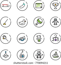 line vector icon set - sleigh vector, eggplant, schedule, gold cup, hoe, duck toy, beanbag, robot, horse stick, horn, bear, baby carousel, wirligig, yoyo, boat
