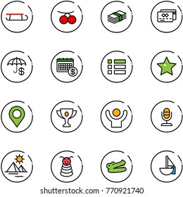 line vector icon set - sleigh vector, rowanberry, dollar, credit card, insurance, calendar, menu, star, map pin, gold cup, success, microphone, pyramid, toy, crocodile, sailboat