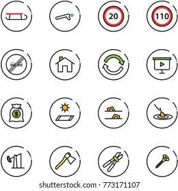 line vector icon set - sleigh vector, push ups, speed limit 20 road sign, 110, end overtake, home, refresh, presentation board, money bag, mat, flip flops, fishing, oil derrick, axe, bolt cutter