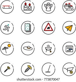 line vector icon set - sleigh vector, candle, angel, santa, run, breads, tractor way road sign, paper fly, beach, woman hat, grill, terms plan, screw, rake, wheelbarrow