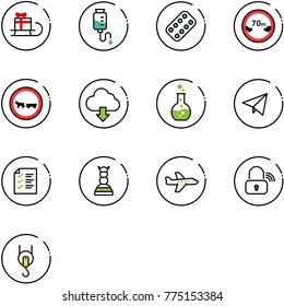 line vector icon set - sleigh gift vector, drop counter, pills blister, limited distance road sign, no cart horse, download cloud, round flask, paper fly, list, chess queen, plane, wireless lock