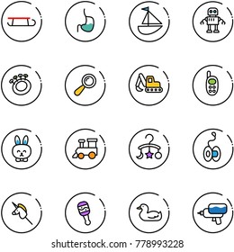 line vector icon set - sleigh vector, stomach, sailboat toy, robot, beanbag, excavator, phone, rabbit, train, baby carousel, yoyo, unicorn stick, duck, water gun