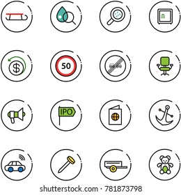 line vector icon set - sleigh vector, blood test, bacteria, safe, money back, speed limit 50 road sign, end overtake, office chair, megaphone, ipo, passport, anchor, car wireless, nail, trailer