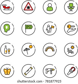 line vector icon set - sleigh vector, tunnel road sign, user, office chair, head bulb, ipo, win, key hand, wine, beach, rainbow, butterfly, level, drill machine, beanbag