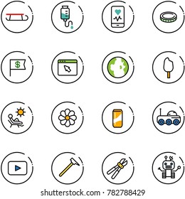 line vector icon set - sleigh vector, drop counter, mobile heart monitor, coin, dollar flag, cursor browser, globe, ice cream, beach, flower, drink, moon rover, playback, mason hammer, bolt cutter