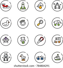 line vector icon set - sleigh vector, rocket, dolphin, robot, duck toy, beanbag, elephant wheel, ufo, bear, train, car, boat