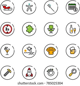 line vector icon set - sleigh vector, gymnastics, tooth brush, calendar, limited height road sign, puzzle, office chair, wine, drink, palm, shell, beer, screw, rocket, beanbag