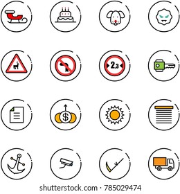 line vector icon set - sleigh vector, cake, dog, virus, wild animals road sign, no left turn, limited width, key, document, dollar growth, sun, jalousie, anchor, surveillance camera, scythe