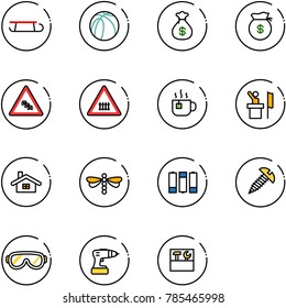 line vector icon set - sleigh vector, basketball ball, money bag, multi lane traffic road sign, railway intersection, hot tea, speaker, home, dragonfly, battery, screw, protective glasses, drill