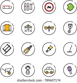 line vector icon set - sleigh vector, ski, no moto road sign, puzzle, doors, outdoor cafe, dragonfly, piston, bucksaw, pliers, dowel, rake, wheelbarrow, beanbag, car