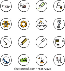 line vector icon set - small plane vector, helicopter, highlight marker, winner, money managemet, sun, car baggage, piston, fretsaw, pencil, farm fork, laser lever, ball, crocodile, toy duck