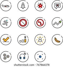 line vector icon set - small plane vector, christmas tree, star, bow message, run, prohibition road sign, no left turn, growth arrow, check, dollar chart, man, banana, flower, wireless headphones