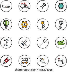 line vector icon set - small plane vector, santa sleigh, broken bone, sun, air balloon, money managemet, tulip, piston, bezier, farm fork, crocodile, marker, toy train, unicorn stick, Tic tac toe