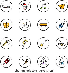 line vector icon set - small plane vector, christmas deer hat, music, paper fly, butterfly, bike, skateboard, rocket, axe, clamp, shovel, lawn mower, marker, baseball bat, baby carousel, yoyo