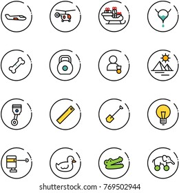 line vector icon set - small plane vector, helicopter, santa sleigh, bladder, broken bone, weight, winner, pyramid, piston, ruler, shovel, bulb, laser lever, duck toy, crocodile, elephant wheel