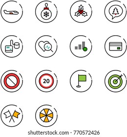 line vector icon set - small plane vector, christmas ball, holly, merry message, tonometer, heart diagnosis, coin, credit card, prohibition road sign, speed limit 20, flag, target, flags cross