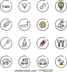 line vector icon set - small plane vector, bladder, broken bone, air balloon, highlight marker, growth, sun, pyramid, farm fork, brush, shovel toy, elephant wheel, train, car, duck