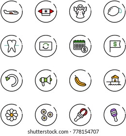 line vector icon set - small plane vector, candy, angel, lemon, tooth, card exchange, calendar, dollar flag, undo, megaphone, banana, bungalow, flower, beanbag