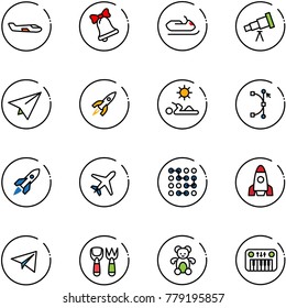 line vector icon set - small plane vector, bell, snowmobile, telescope, paper, rocket, reading, bezier, circuit, shovel fork toy, bear, piano