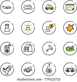 line vector icon set - small plane vector, snowmobile, car, schedule, king, star man, money dialog, sea turtle, music player, plant, paint roller, crocodile, dinosaur toy, horn, yoyo