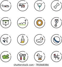 line vector icon set - small plane vector, helicopter, bladder, broken bone, presentation board, growth, sun, piston, brush, duck toy, ball, crocodile, shovel fork, Tic tac toe