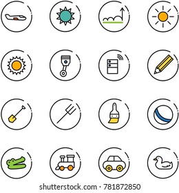 line vector icon set - small plane vector, sun, growth, piston, server wireless, pencil, shovel, farm fork, brush, ball, crocodile, toy train, car, duck