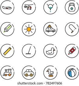 line vector icon set - small plane vector, helicopter, bladder, weight, highlight marker, sun, car baggage, fretsaw, ruler, rake, duck toy, train, basketball