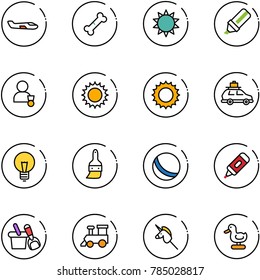 line vector icon set - small plane vector, broken bone, sun, highlight marker, winner, car baggage, bulb, brush, ball, shovel bucket, toy train, unicorn stick, duck
