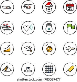 line vector icon set - small plane vector, helicopter, santa claus, 25 dec calendar, sleigh, heart beat, weight, flag, rise, graduate hat, moon, tent, conveyor, circuit, work knife