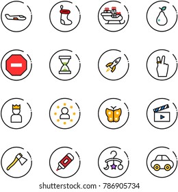 line vector icon set - small plane vector, christmas sock, santa sleigh, pear, no way road sign, sand clock, rocket, victory, king, star man, butterfly, movie flap, axe, marker, baby carousel, car